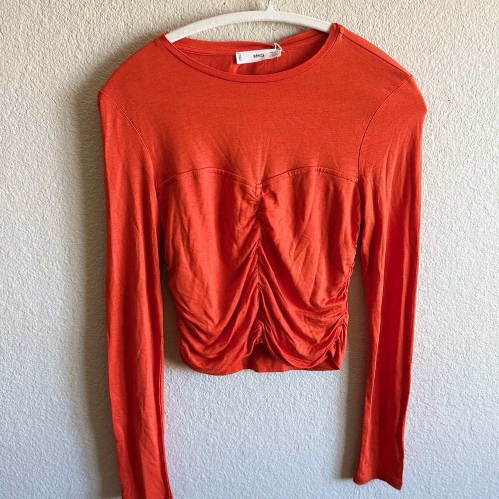 NWT MNG Women's Orange Long Sleeve Top Ruched Cropped Size Small